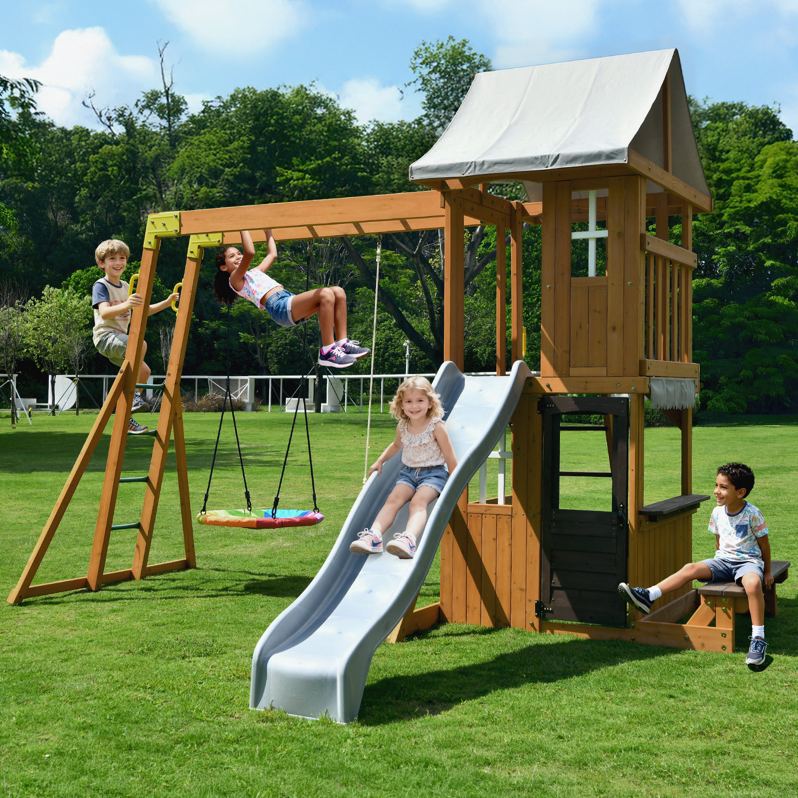 Klo Kick Cedar Wood Swing Set With Wave Slide, Clubhouse
